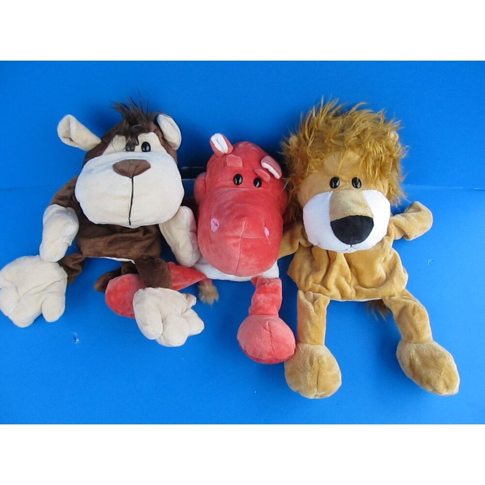Unbranded Lot Of 3 Animal Hand Puppets: Lion Monkey & Hippo